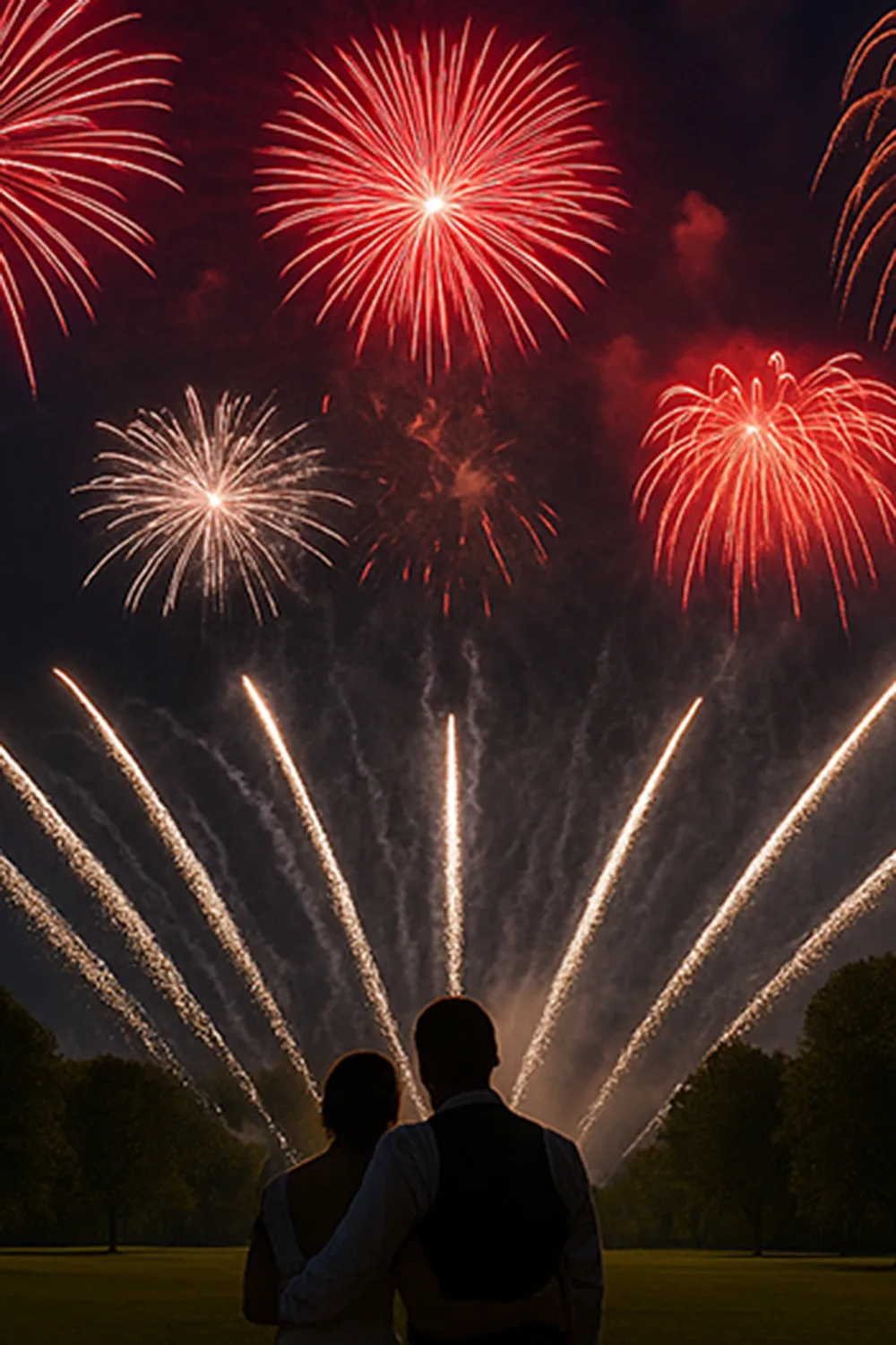 Audience watching a choreographed fireworks display at night