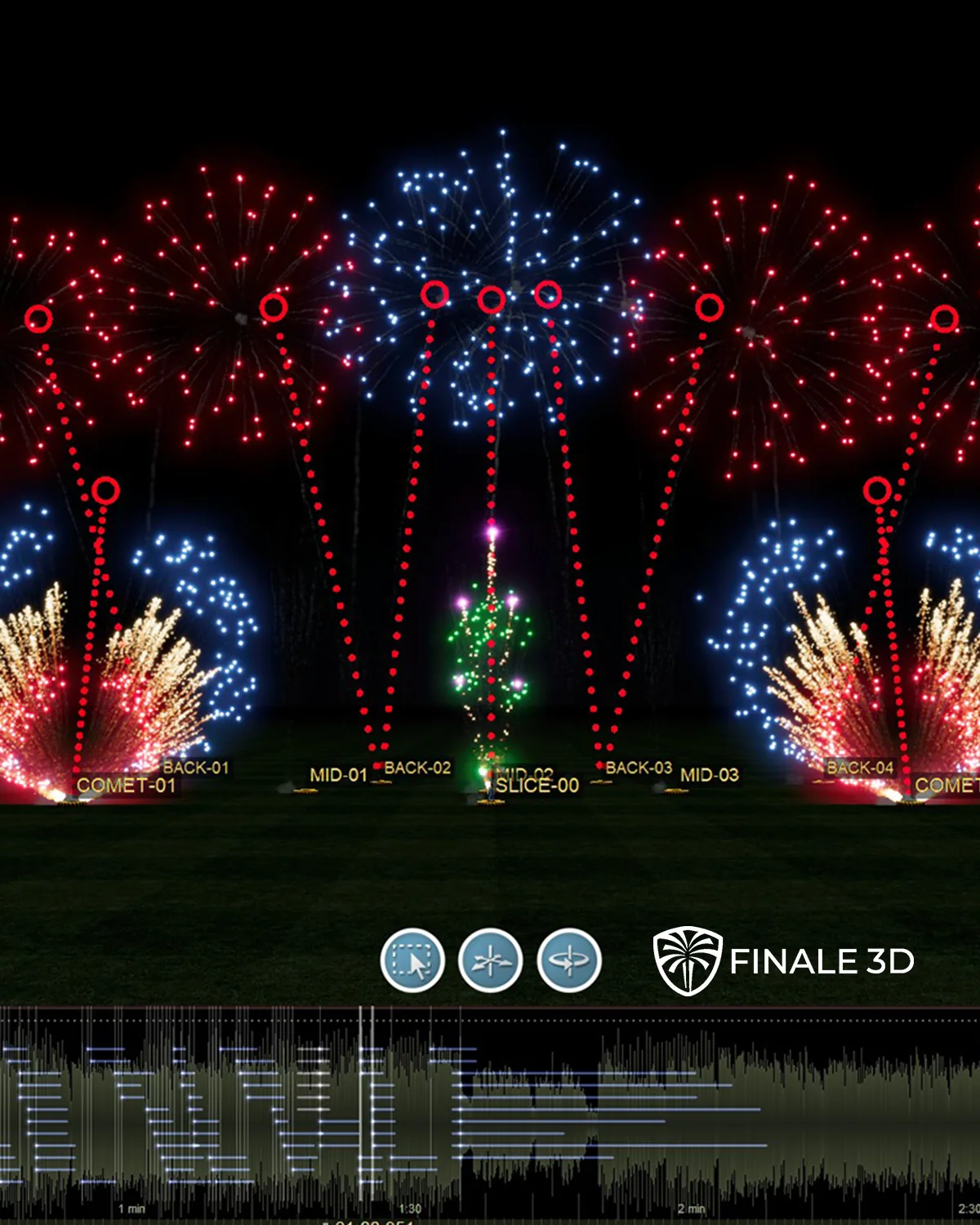 Finale 3D visualization and soundtrack timeline used to plan a fireworks show